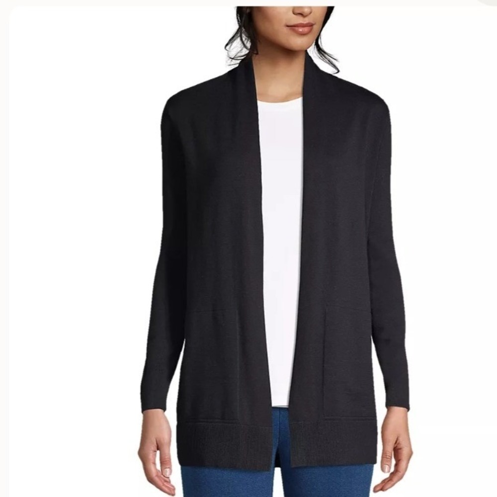 Lands End Womens Black Open Front Cardigan Sweater Shawl Collar Size L 14-16